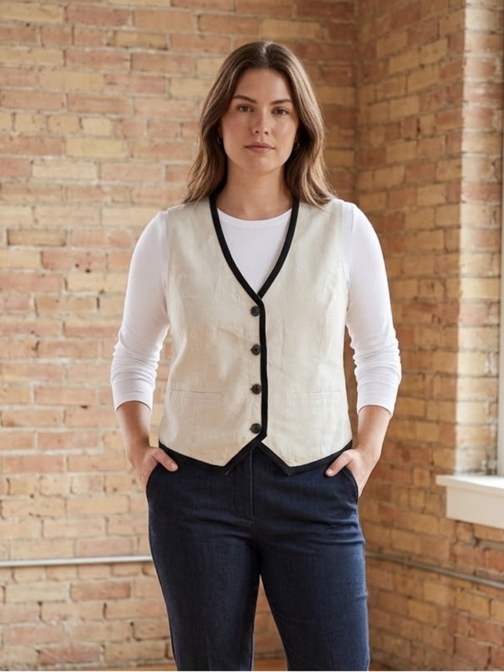 Tahari Cream Vest with Black Trim